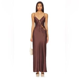 Lioness Brown Satin Lace-Up Maxi Dress